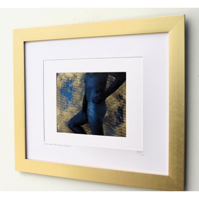 A captivating look at the Male Nude printed on Gold Leaf distressed paper with hand tinted deep blue base. Framed and...