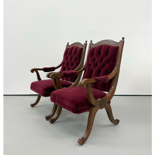 Traditional Vintage Tufted Burgundy Velvet Armchairs For Sale - Image 3 of 6