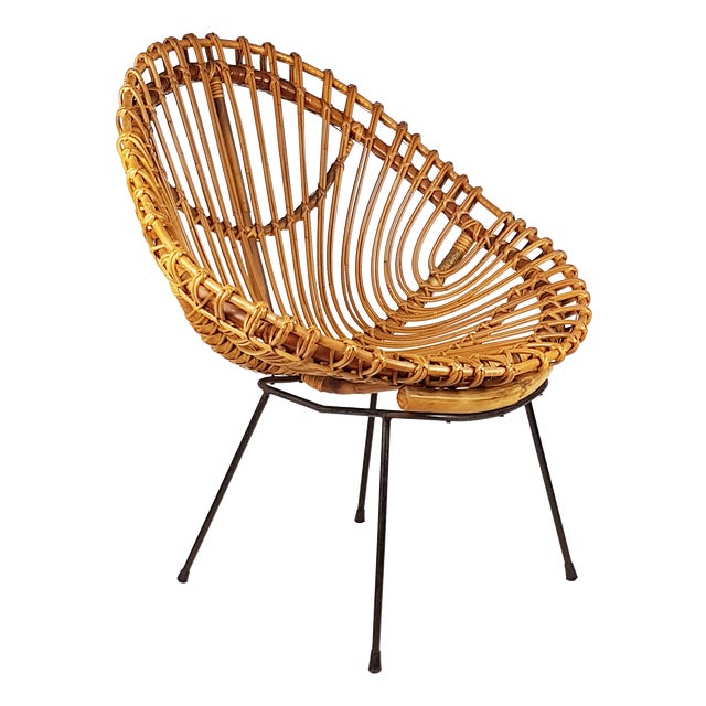 Mid-Century Italian Rattan and Black Metal Chair, 1950s For Sale