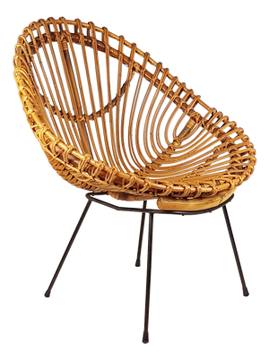Mid-Century Italian Rattan and Black Metal Chair, 1950s