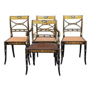 Set of Four English Regency Black Lacquer Dining Chairs With Gilt Decoration For Sale