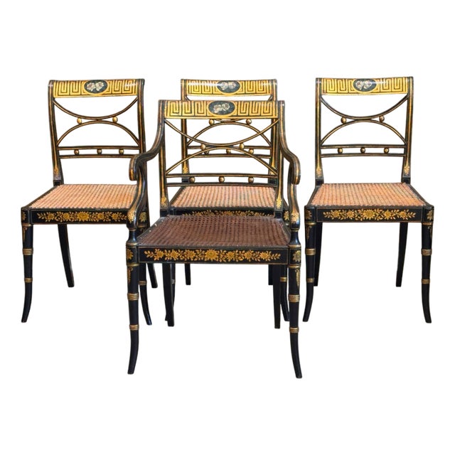 Set of Four English Regency Black Lacquer Dining Chairs With Gilt Decoration For Sale
