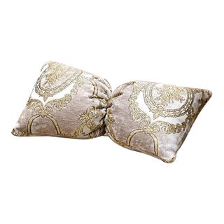 French Louis XVI Accent Chair With Gold Leaf Frame, Ornate Upholstery & Decorative Lumbar Pillow For Sale
