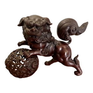 Antique Bronze Chinese Foo Dog With Ball