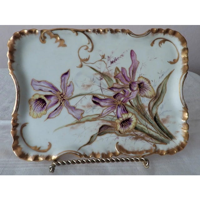 Haviland & Co. Antique Art Nouveau Limoges Haviland & Co France Porcelain Hand Painted Purple Iris Tray 1888 1896 For Sale - Image 4 of 8