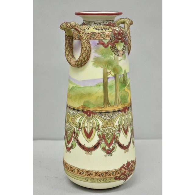 Antique Nippon Hand Painted Porcelain Countryside Moriage Tall Twin Handle Vase For Sale - Image 10 of 18