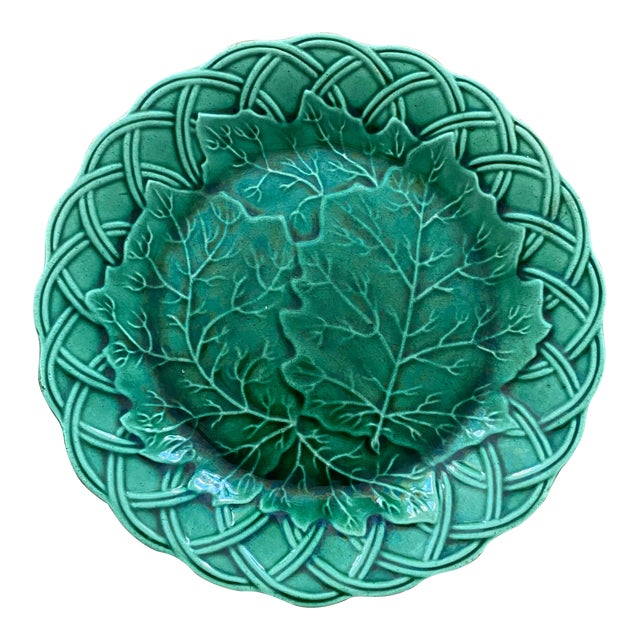 Antique Majolica Green Leaf Plate With Basket Weave Border Chairish