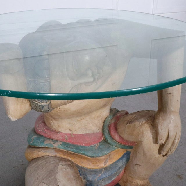 Ivory 1960's Polychrome Hand Wood Carved Figural and Glass Side Table For Sale - Image 8 of 10