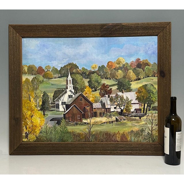 Superbly executed original oil on board by a talented professional artist portraying a small New England village tucked...