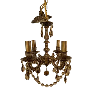 Petite Four Arm Vintage Brass Chandelier With Amber Crystals