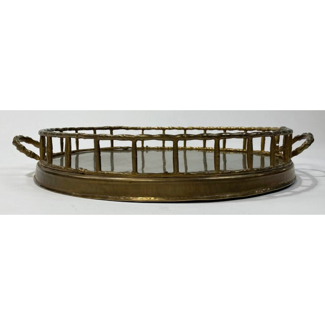 Traditional Vintage Round Brass Faux Bamboo Rail Gallery Tray For Sale - Image 3 of 5