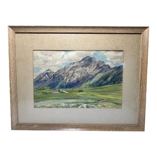 Fritz Wucherer Swiss Alps Watercolor Painting, Framed Cabin Landscape, 1941 For Sale