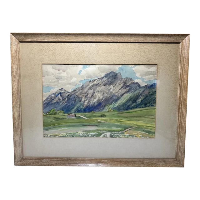 Fritz Wucherer Swiss Alps Watercolor Painting, Framed Cabin Landscape, 1941 For Sale