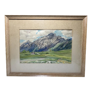 Fritz Wucherer Swiss Alps Watercolor Painting, Framed Cabin Landscape, 1941