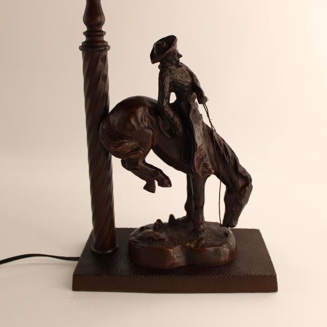 Remington Bronze "The Outlaw" Table Lamp W/ Stained Glass Shade in Mission Style For Sale - Image 4 of 13