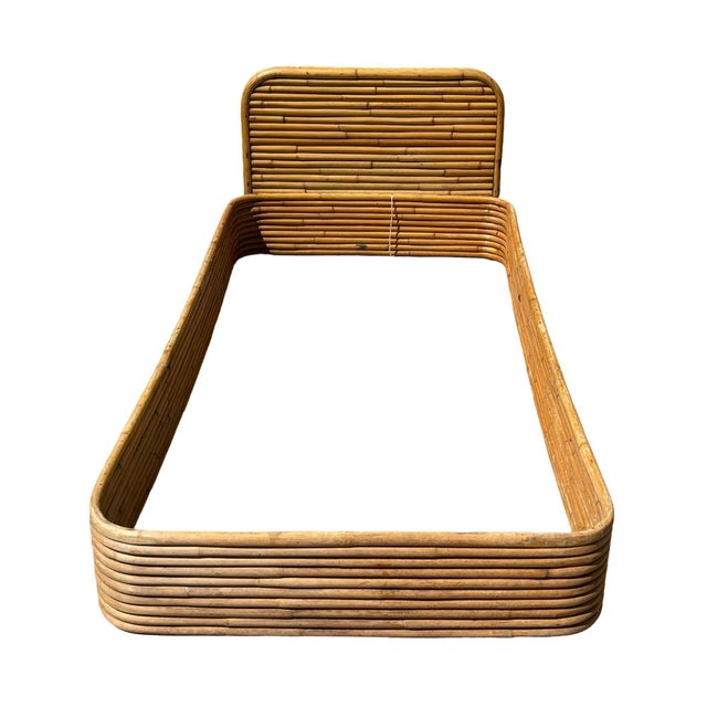 Restored Paulk Frankl-inspired stacked rattan single-size bed frame by Kane Kraft featuring a stacked 10-pole base and...