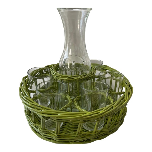 Vintage Wicker Green Sangria Wine Carafe With Glasses Set - 8 Pieces For Sale