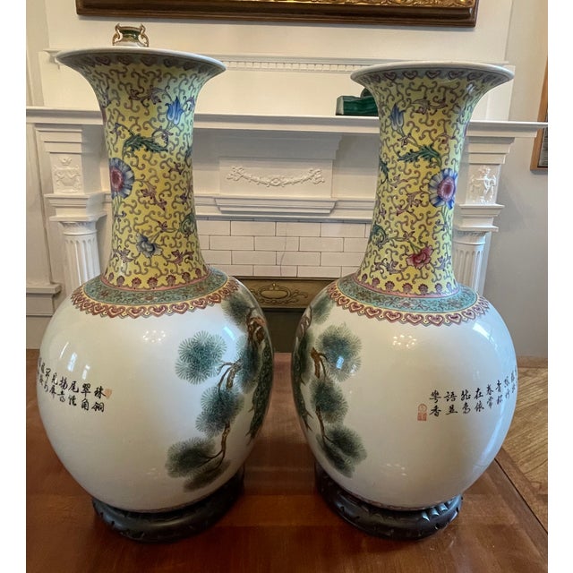 White Pair of Large 23” Chinese Jingdezhen Famille Rose Porcelain Peacock Vases on Wood Stands For Sale - Image 8 of 14