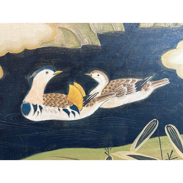 Large Mid 20th Century Chinese Mandarin Ducks, Pine Tree and Peonies Wall Folding Screen - Artist Signed For Sale In Washington DC - Image 6 of 12