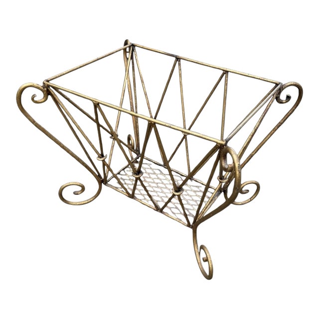 Vintage Hollywood Regency Gilt Metal Magazine Holder Basket For Sale