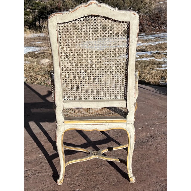 1950s Louis XV Style Painted Country French Cane Back Armchair For Sale - Image 4 of 6