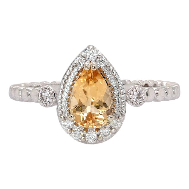 Brazilian Imperial Topaz Ring With Natural Diamond Halo in 14k Solid White Gold For Sale