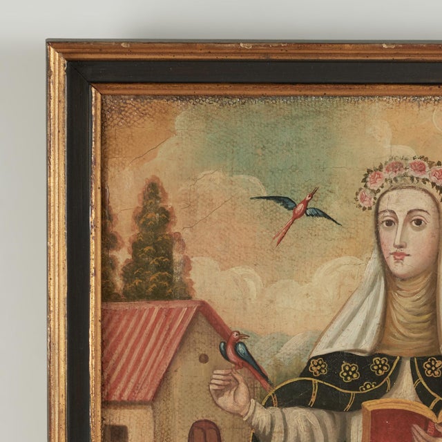 Late 18th Century Antique Religious Mexican Painting of a Female Saint For Sale - Image 5 of 11