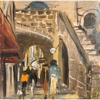 Shaul Victor, Israeli Judaica Oil Painting, Street Scene Jerusalem or Safed For Sale
