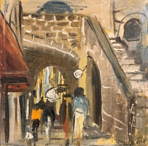 Shaul Victor, Israeli Judaica Oil Painting, Street Scene Jerusalem or Safed