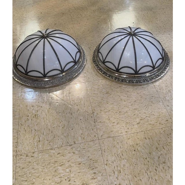1940 Leaded Glass and Silver Plated Flush Mount For Sale - Image 4 of 4
