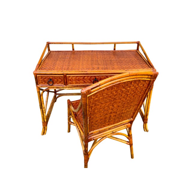 Vintage Burnt Bamboo Wicker Desk and Chair Set 2 Pieces Chairish