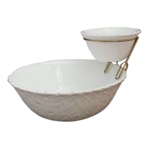 Vintage Indiana Milk Glass White Basketweave Chip & Dip Bowl with Clip & Lid Nos