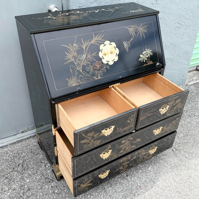 Black Chinese Black Lacquered and Hand-Painted Secretary Desk For Sale - Image 8 of 8