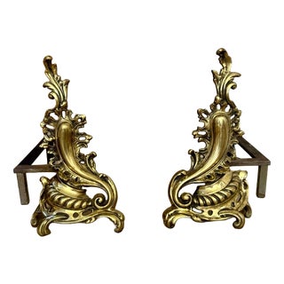 Large Antique French Brass Rococo Fire Dogs, 1900, Set of 2 For Sale