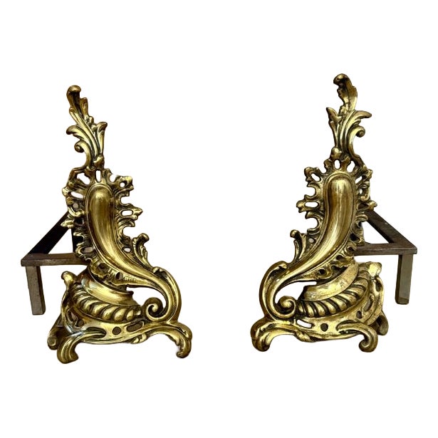 Large Antique French Brass Rococo Fire Dogs, 1900, Set of 2 For Sale