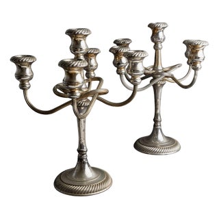 Large Vintage Curved Silver-Plated 5-Arm Candleholders, 1950s, Set of 2 For Sale