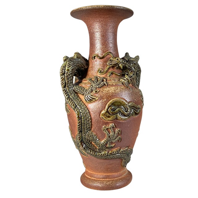 11+ In. Tall Vintage Japanese Tokoname-Yaki Style Pottery Vase Dark Green Glaze Dragon For Sale - Image 14 of 16
