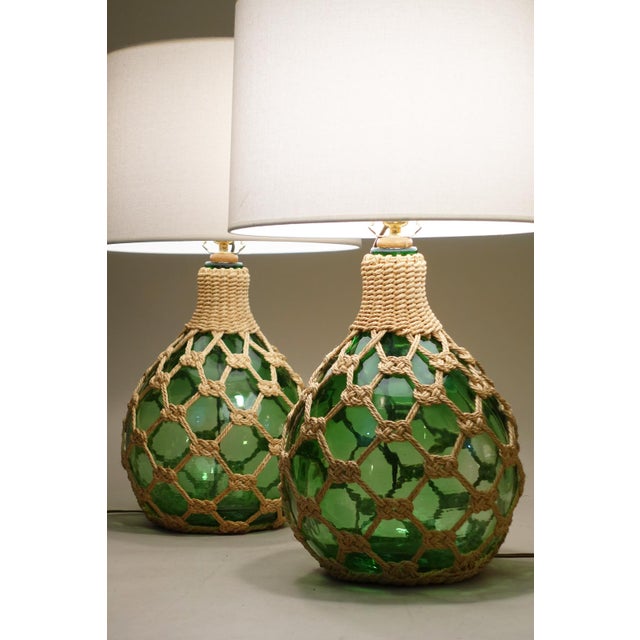 1970s Matched Pair XL Bottle Green Glass Globe Rope Macrame Net Fish Float Coastal Tiki Table Lamps Nos "New-Old-Stock" Unused For Sale - Image 4 of 13