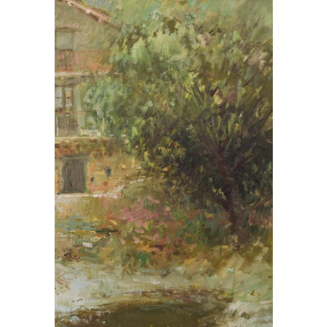 1950s Palau Junca, Impressionist Painting with River and Chalets, Oil on Canvas, Framed For Sale - Image 5 of 16