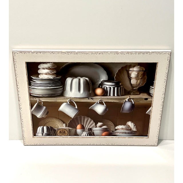 Pierre Frey Photorealist Artwork of French Farmhouse Kitchen in Custom Whitewash Frame For Sale - Image 4 of 12