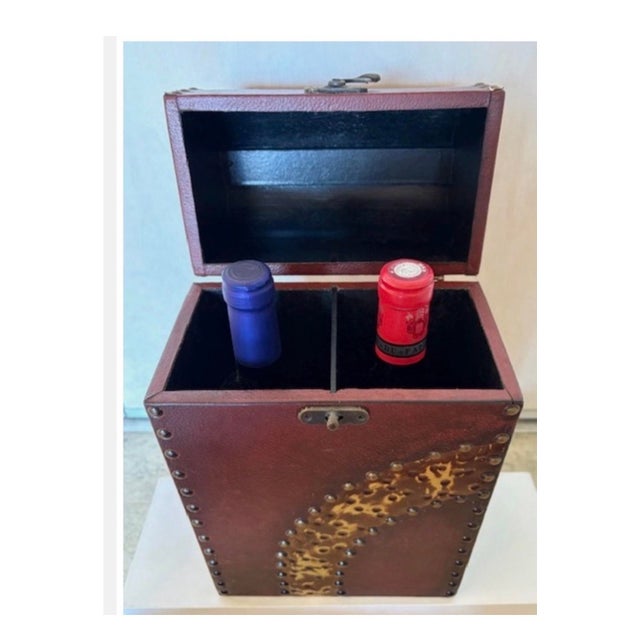 Wine Bottle Case, for Two. Faux Leather. Wood Studded Wine Box Tote. One Case For Sale - Image 4 of 8