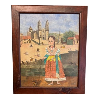 Vintage Mid 20th Century Mexican School Portrait Painting- Girl With Rooster- Signed H.R.Stern For Sale