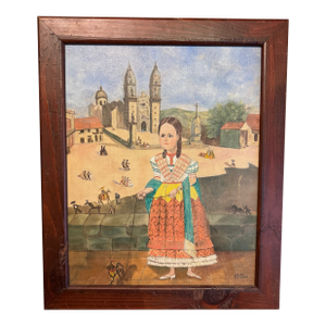 Vintage Mid 20th Century Mexican School Portrait Painting- Girl With Rooster- Signed H.R.Stern