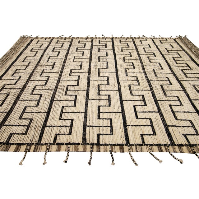 2020s Beige Modern Moroccan Style Handmade Black Boho Pattern Wool Rug For Sale - Image 5 of 9