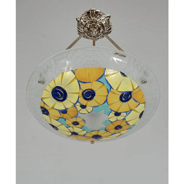 Loys Lucha French Art Deco Pendant Light 1930s - Yellow Blue Geometric Floral Bowl For Sale - Image 4 of 14