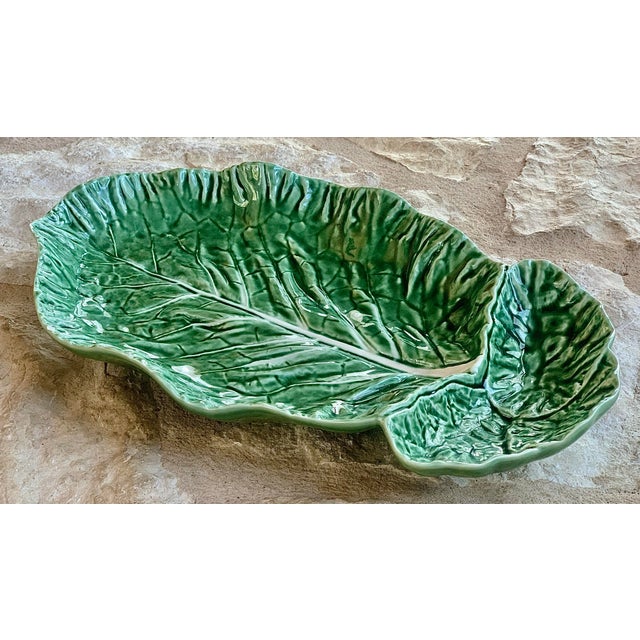 Vintage Portuguese 'Bordallo Pinheiro' Majolica Extra Large Glazed Ceramic Cabbage Leaf Chip & Dip Platter For Sale In San Antonio - Image 6 of 12