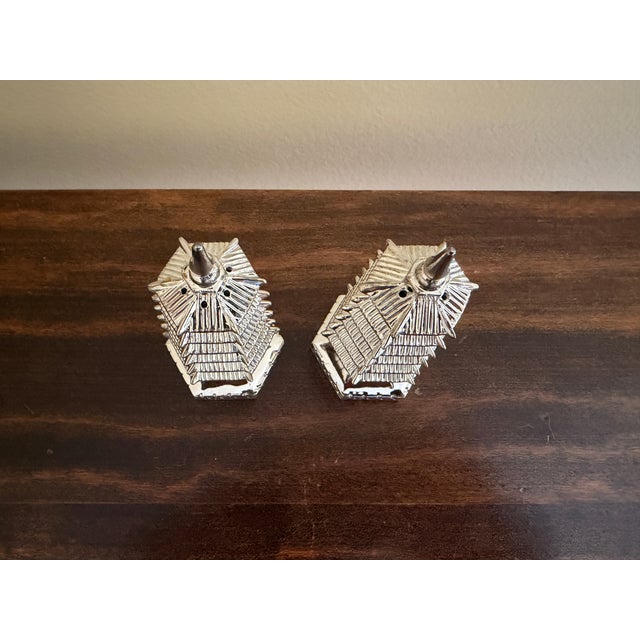 Metal Silver Godinger Chinoiserie Pagoda Salt and Pepper Shakers For Sale - Image 7 of 8