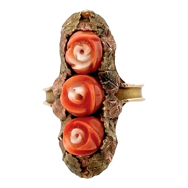 Victorian 14k Rose & Yellow Gold Ring With Carved Coral Roses Size 7.75 For Sale