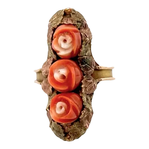 Victorian 14k Rose & Yellow Gold Ring With Carved Coral Roses Size 7.75