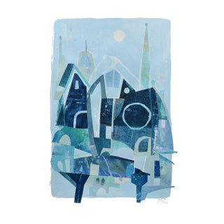 Blue Sky - Original Cool Blue Architectural Mixed Media Collage on Paper by Maria C. Bernhardsson For Sale